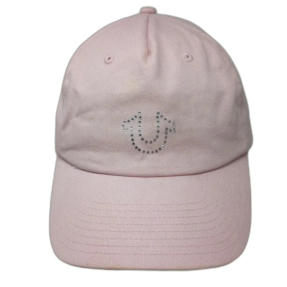 True Religion 5 Panel Pink One Size Hat Rhinestone Horseshoe Logo Bling Snapback